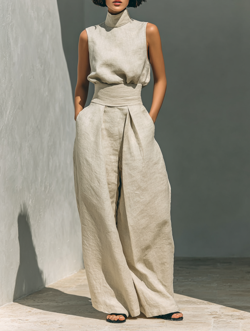 Mara | Compleu minimalist din top și pantaloni largi din bumbac și in