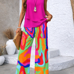Compleu colorat Zafirielle cu imprimeu abstract și pantaloni largi