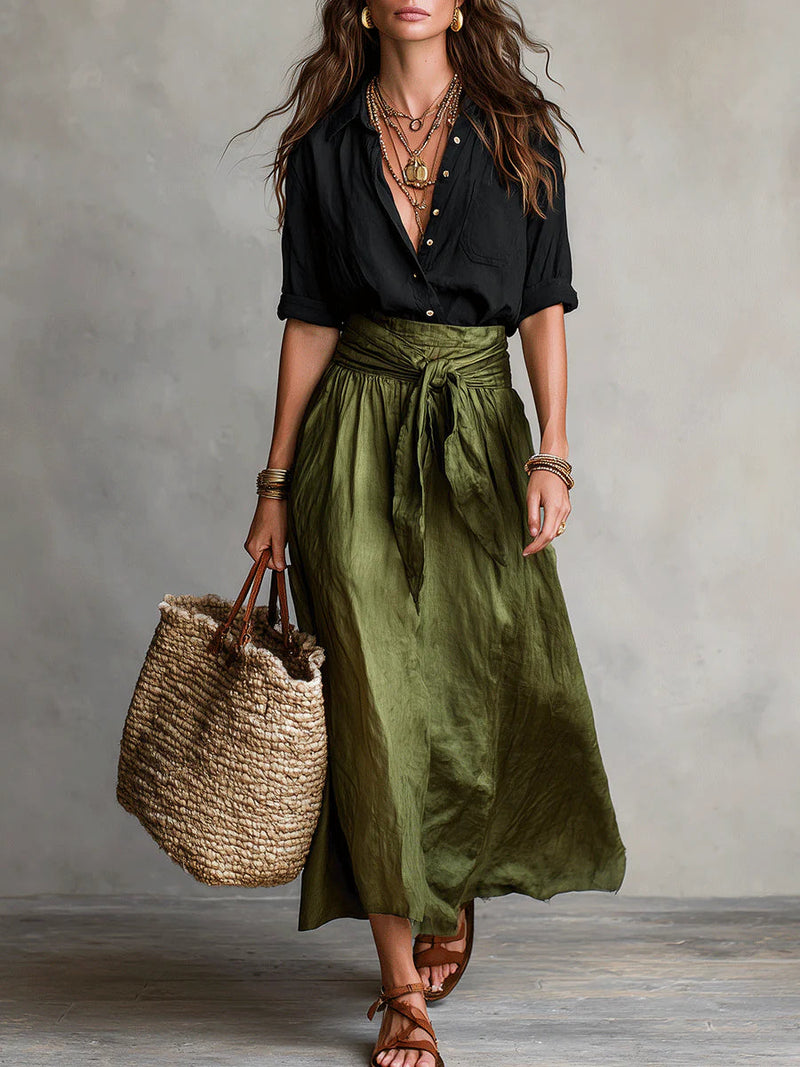Elena | Set elegant din două piese: tricou negru și fustă midi verde măslin