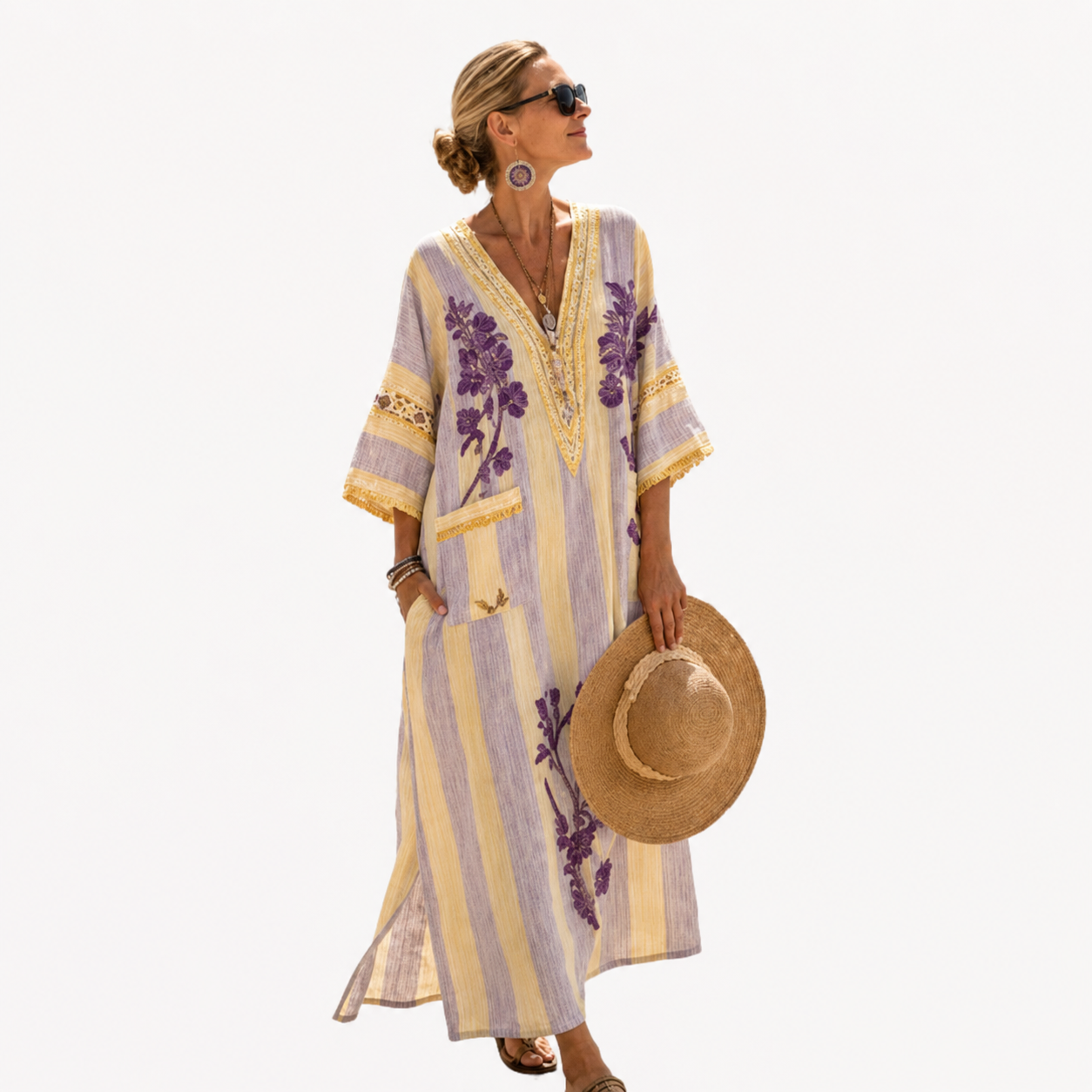 Rochia Natalia - rochie tip kaftan cu imprimeu mov